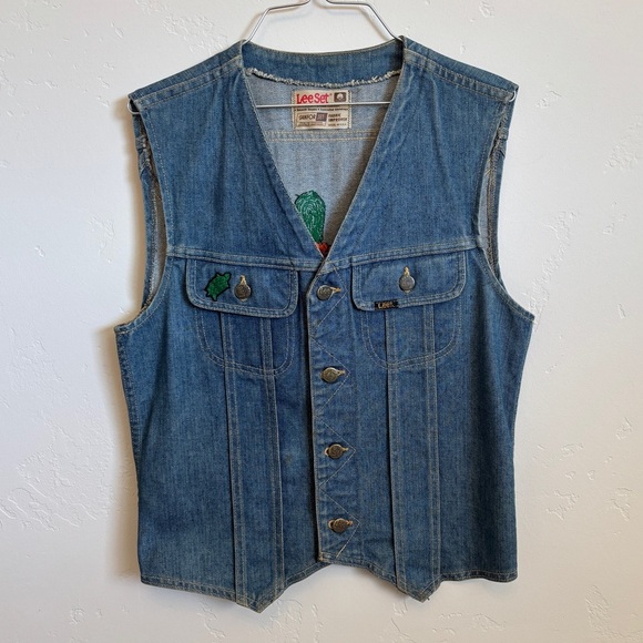 Vintage 70s Turtle Kitschy Handmade Crewel Lee Denim Jean Vest Hippie OOAK - Picture 2 of 14